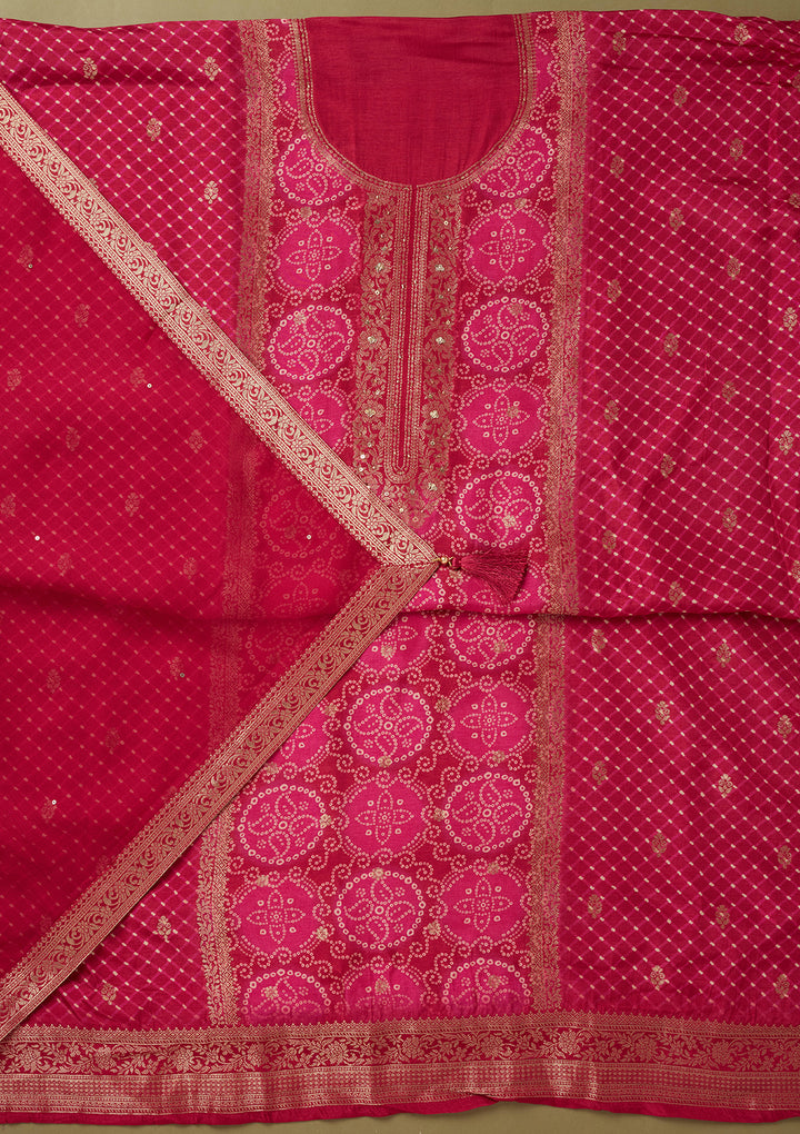 Magenta Pink Dola Silk Bandhej Gold Zariwork Unstitched Dress Material With Matching Bottom And Dupatta