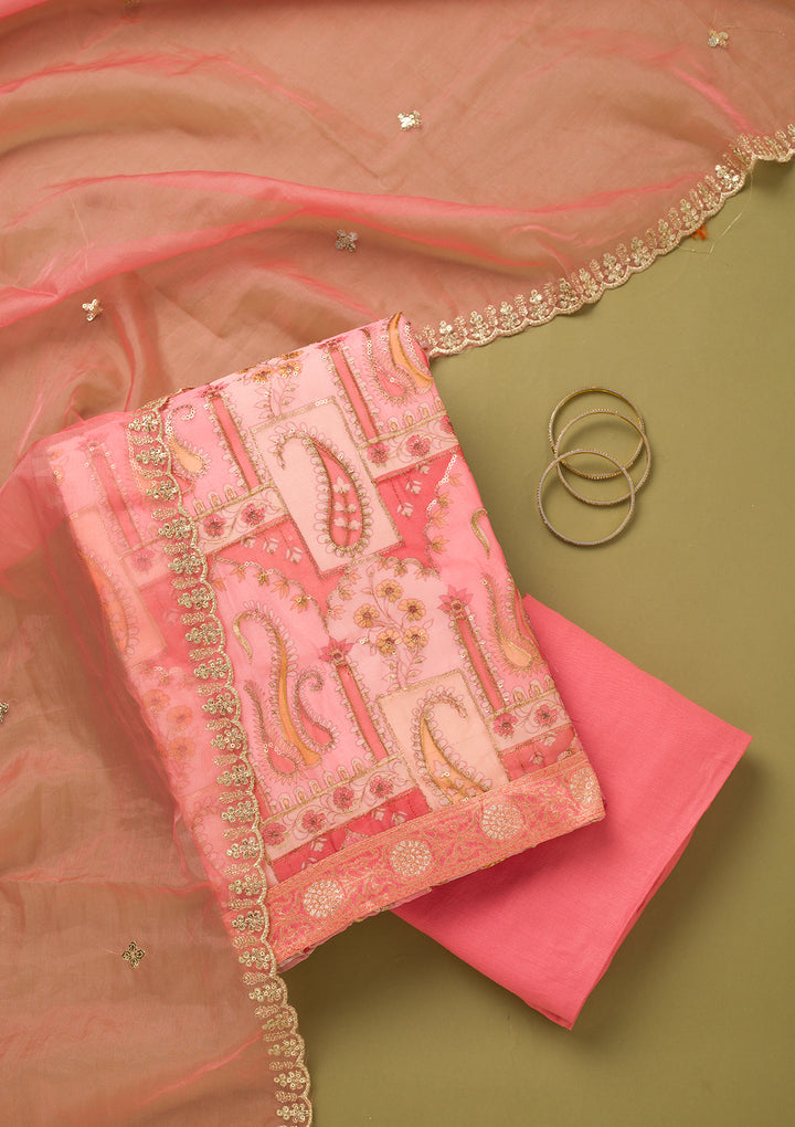 Pink Tissue Floral Sequins Unstitched Dress Material With Matching Bottom And Dupatta