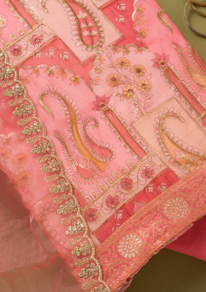 Pink Tissue Floral Sequins Unstitched Dress Material With Matching Bottom And Dupatta