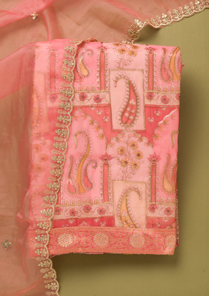 Pink Tissue Floral Sequins Unstitched Dress Material With Matching Bottom And Dupatta