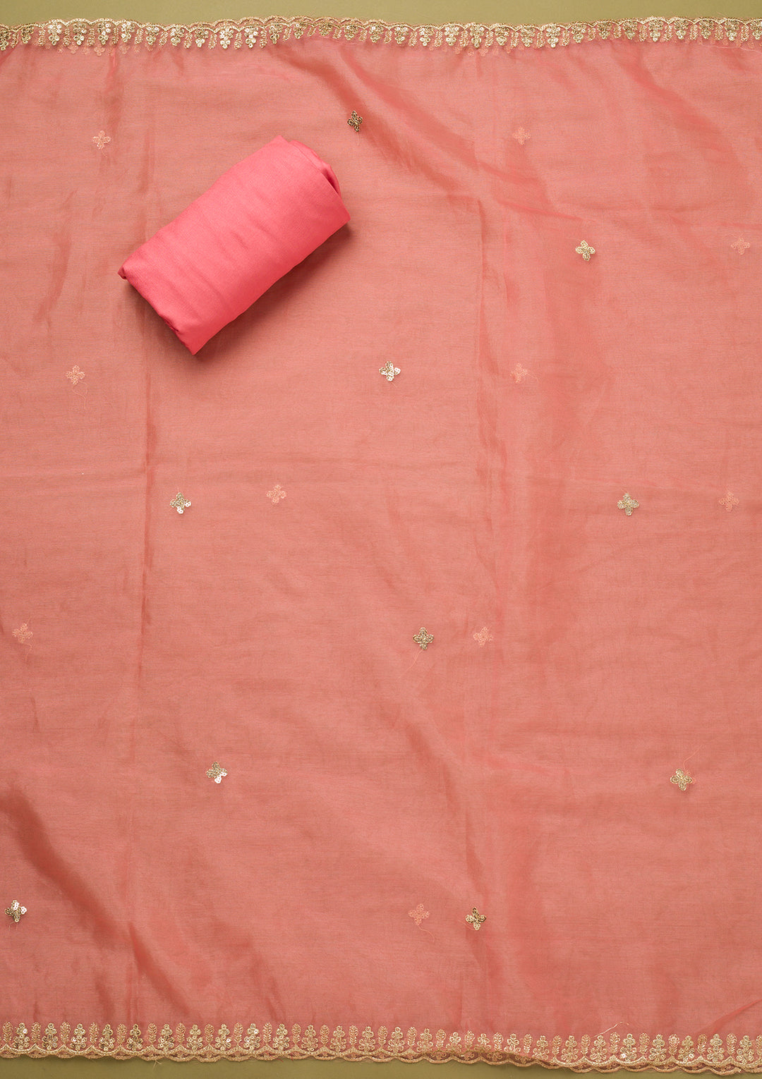 Pink Tissue Floral Sequins Unstitched Dress Material With Matching Bottom And Dupatta