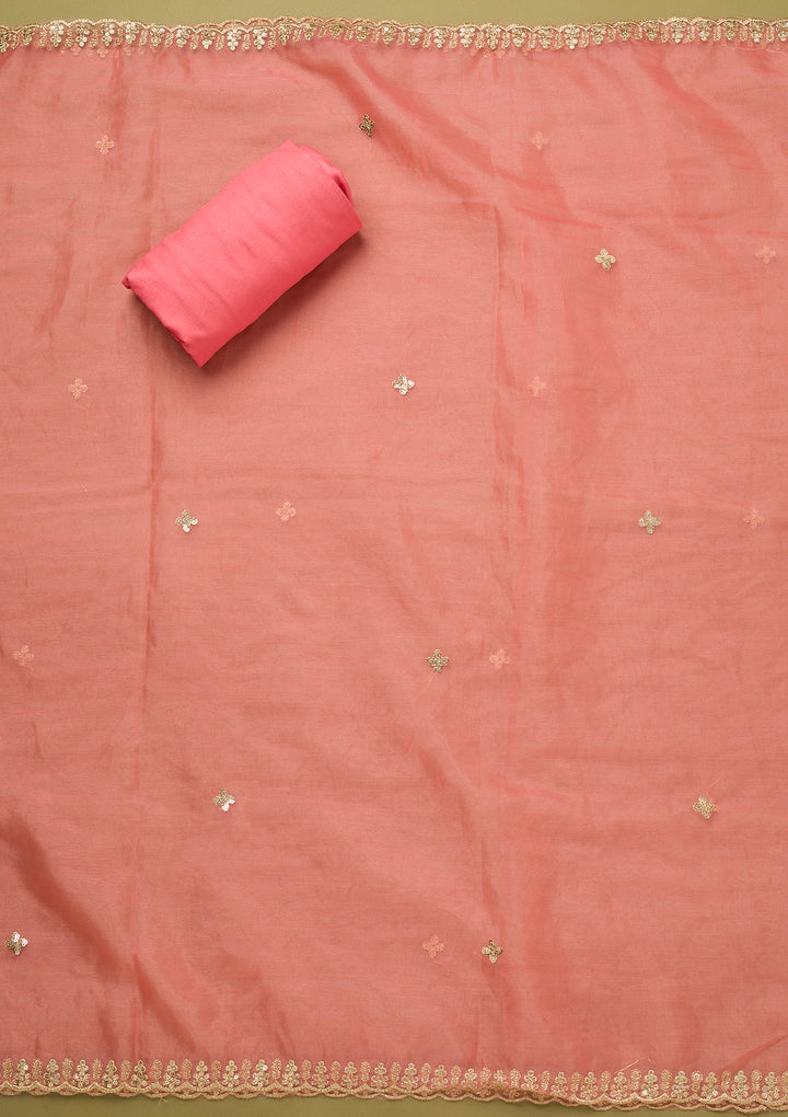Pink Tissue Floral Sequins Unstitched Dress Material With Matching Bottom And Dupatta
