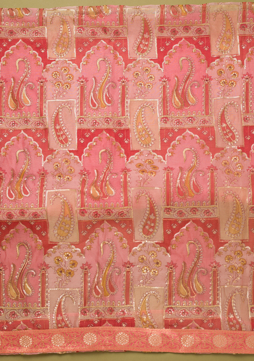 Pink Tissue Floral Sequins Unstitched Dress Material With Matching Bottom And Dupatta