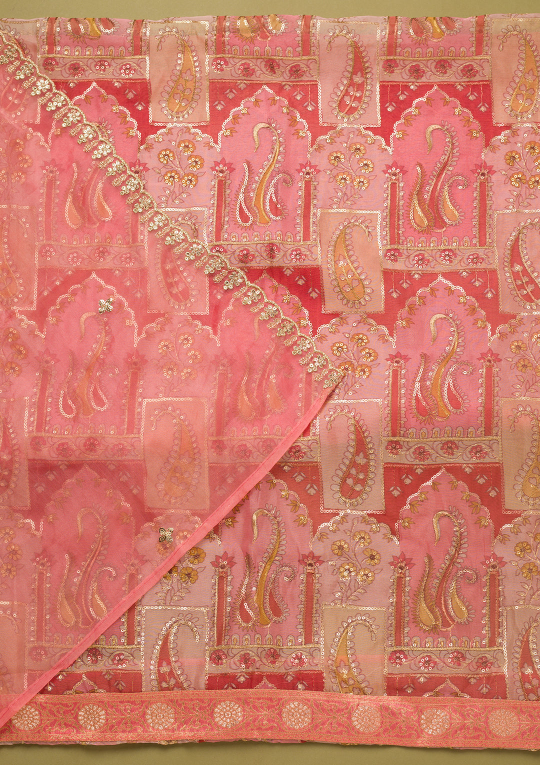 Pink Tissue Floral Sequins Unstitched Dress Material With Matching Bottom And Dupatta