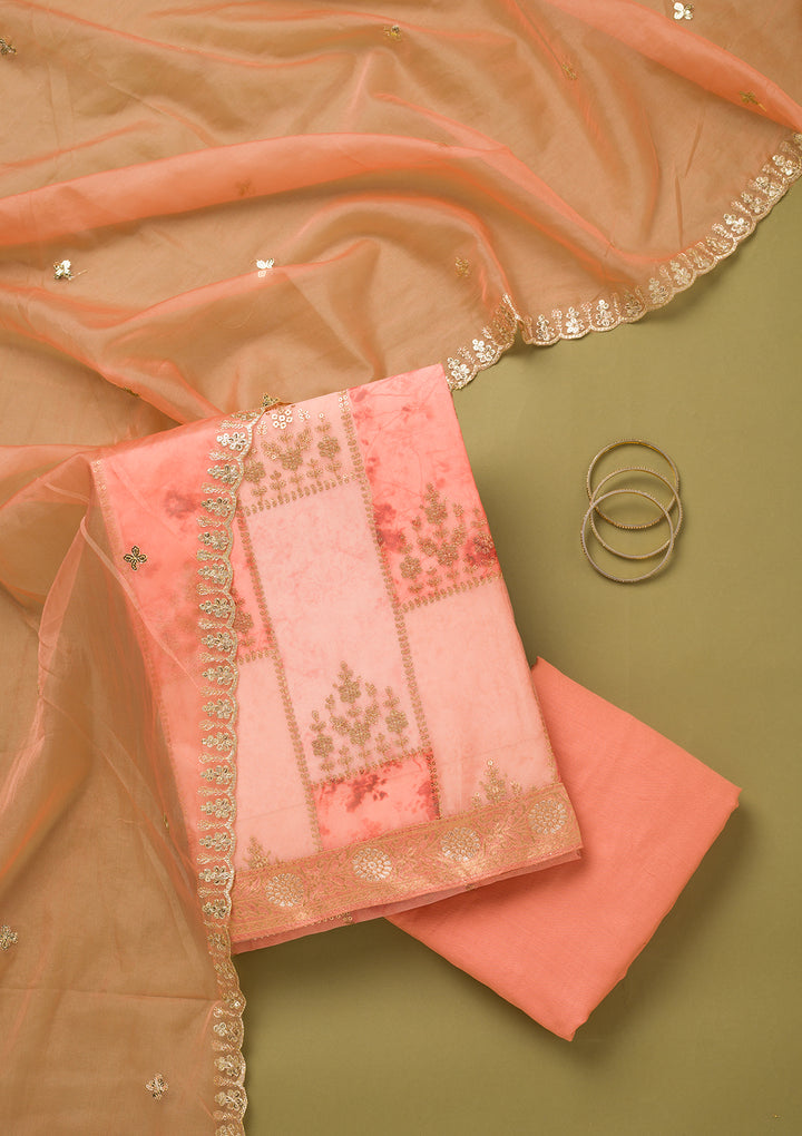 Peach Organza Silver Zardozi Work Unstitched Dress Material With Matching Bottom And Dupatta