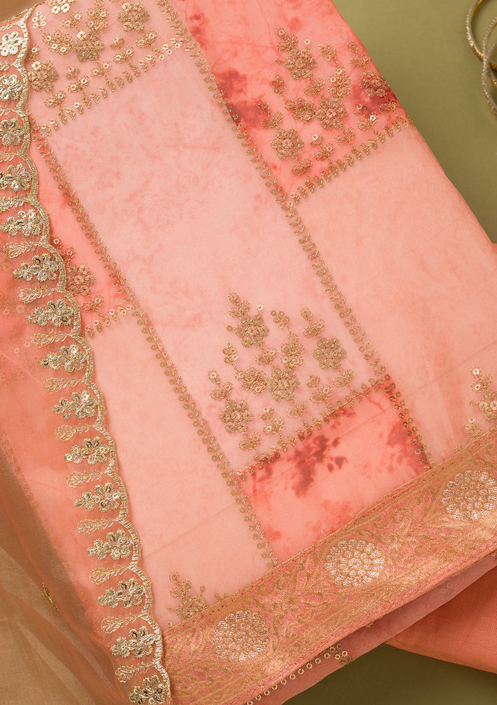 Peach Organza Silver Zardozi Work Unstitched Dress Material With Matching Bottom And Dupatta