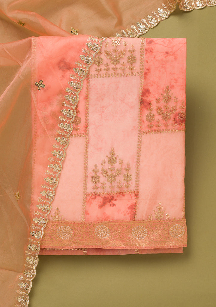 Peach Organza Silver Zardozi Work Unstitched Dress Material With Matching Bottom And Dupatta