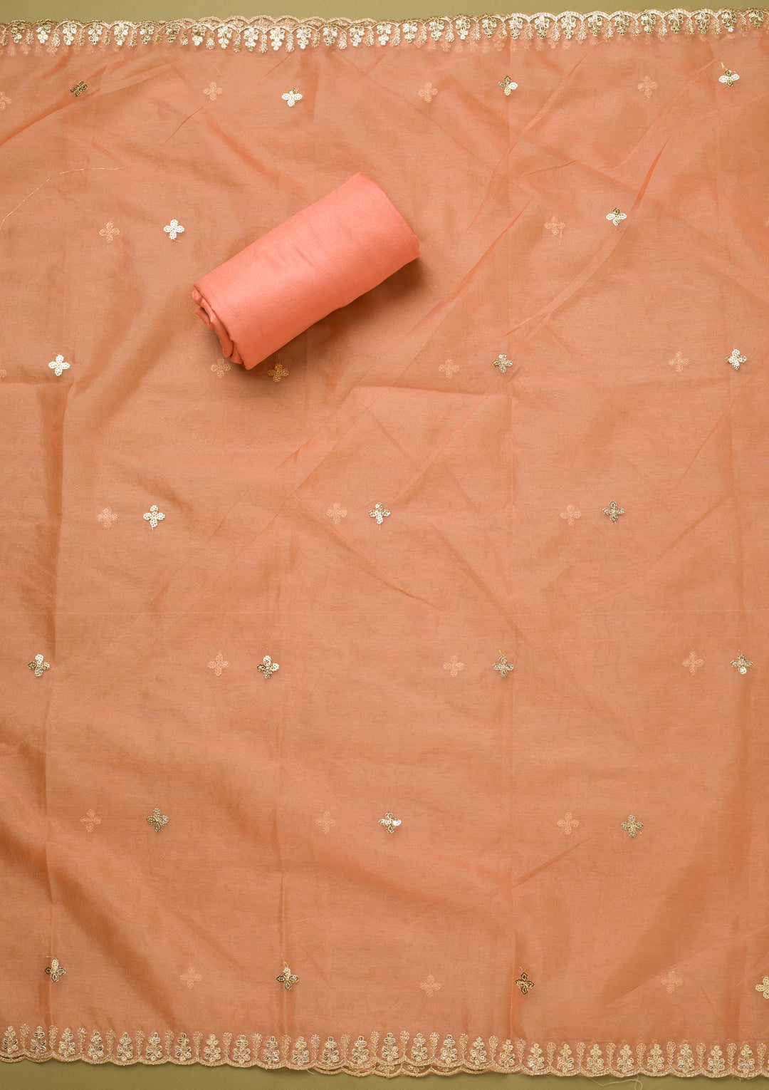Peach Organza Silver Zardozi Work Unstitched Dress Material With Matching Bottom And Dupatta