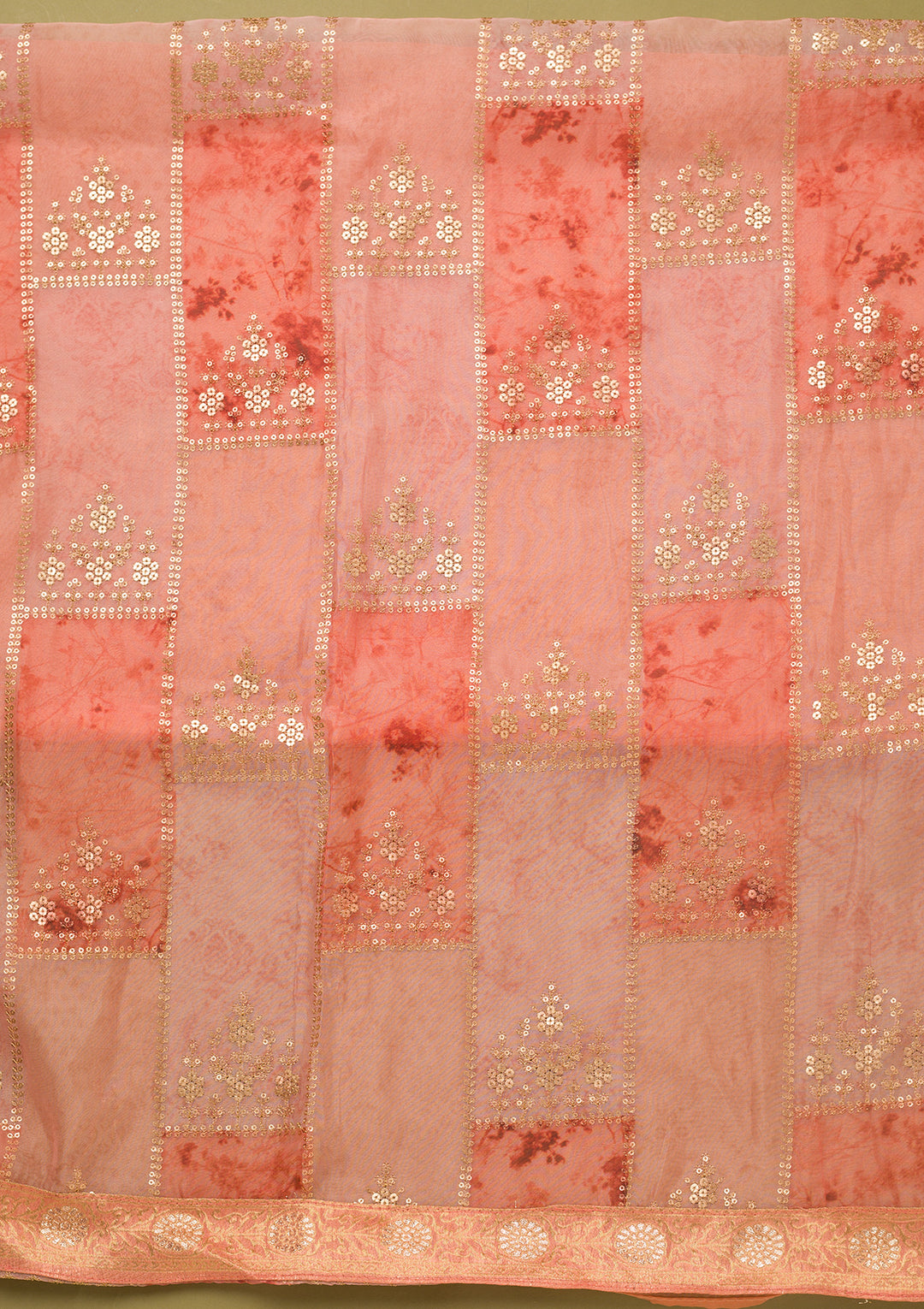 Peach Organza Silver Zardozi Work Unstitched Dress Material With Matching Bottom And Dupatta