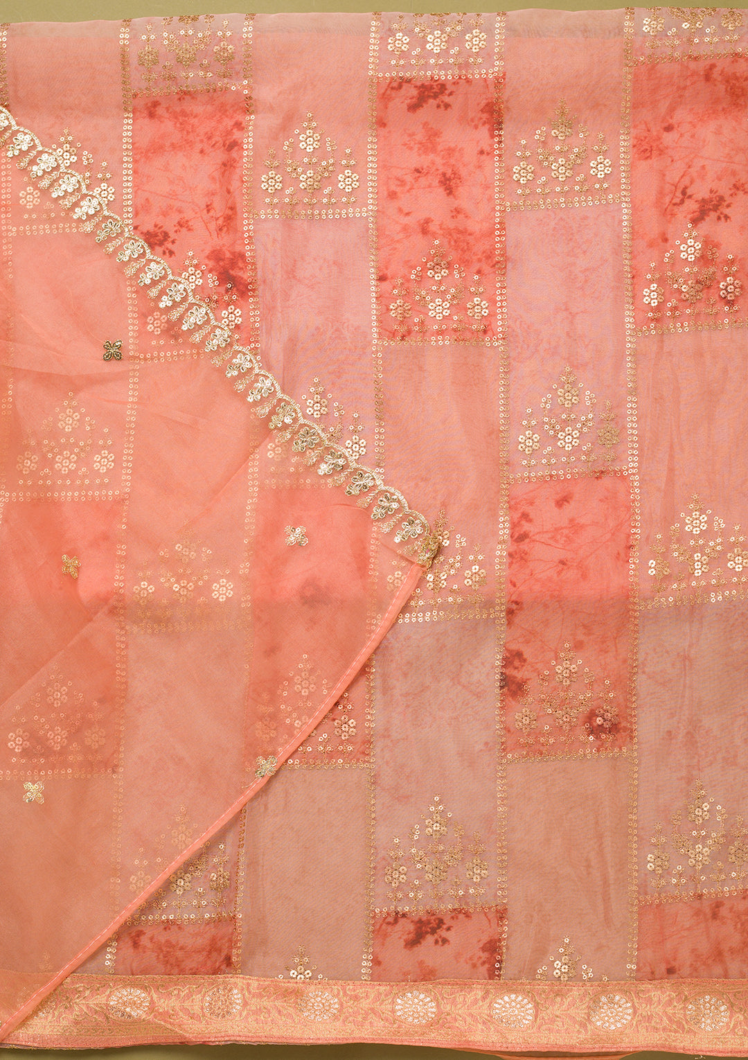 Peach Organza Silver Zardozi Work Unstitched Dress Material With Matching Bottom And Dupatta
