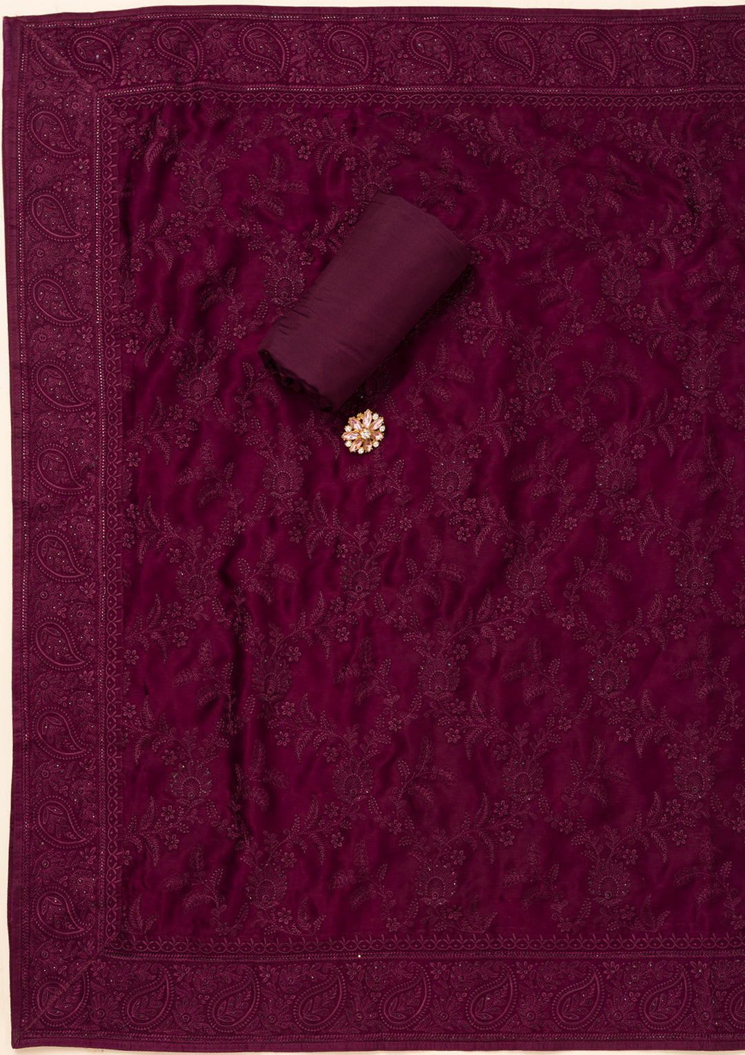 Wine Swarovski Semi Crepe Unstitched Salwar Suit