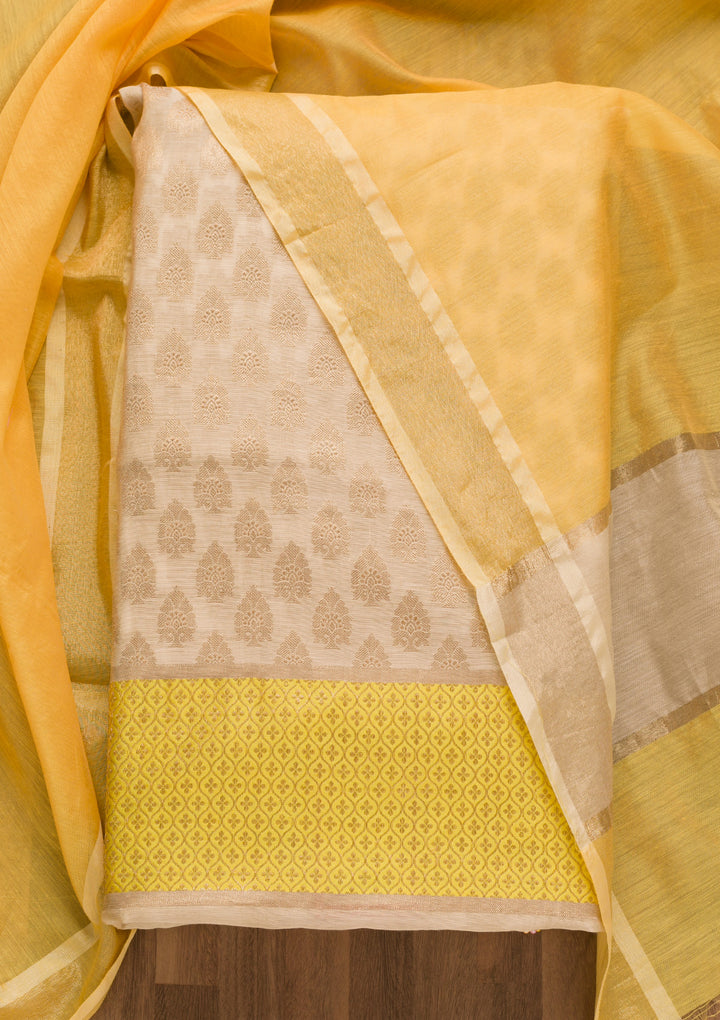 Gold Yellow Silk Gold Zariwork Unstitched Dress Material With Matching Bottom And Dupatta