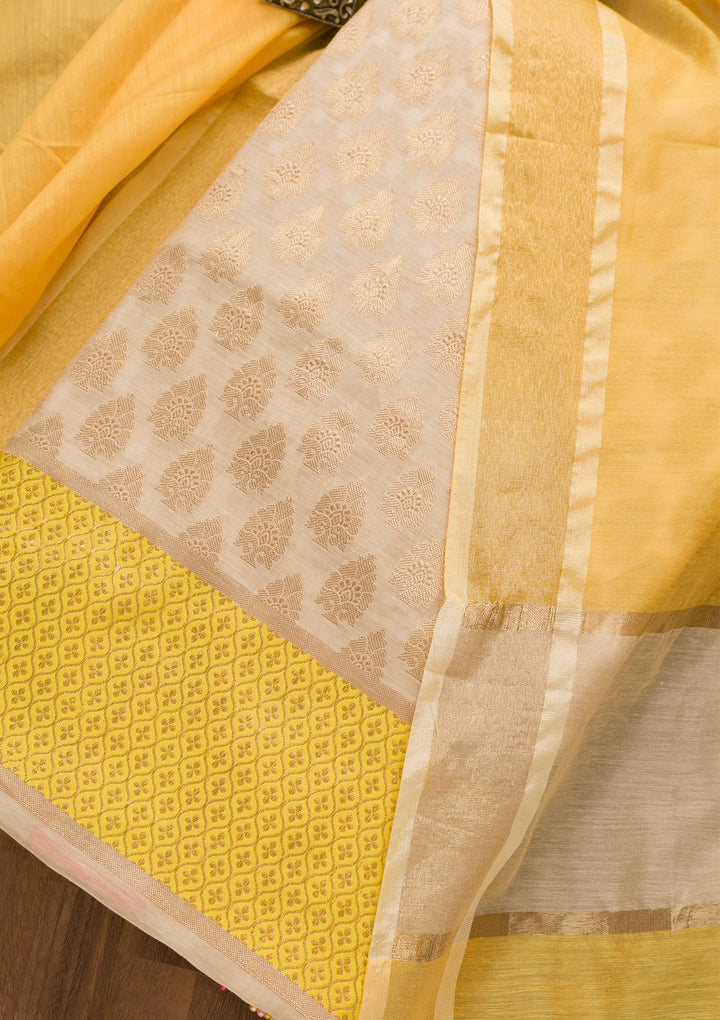 Gold Yellow Silk Gold Zariwork Unstitched Dress Material With Matching Bottom And Dupatta