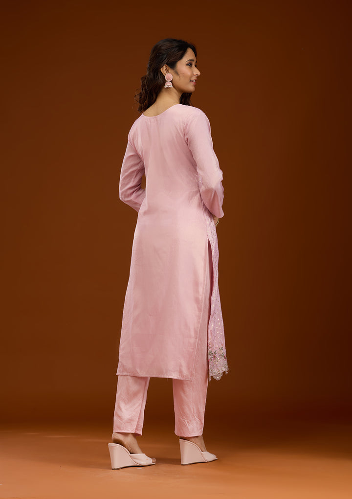 Baby Pink Threadwork Semi Crepe Readymade Salwar Suit
