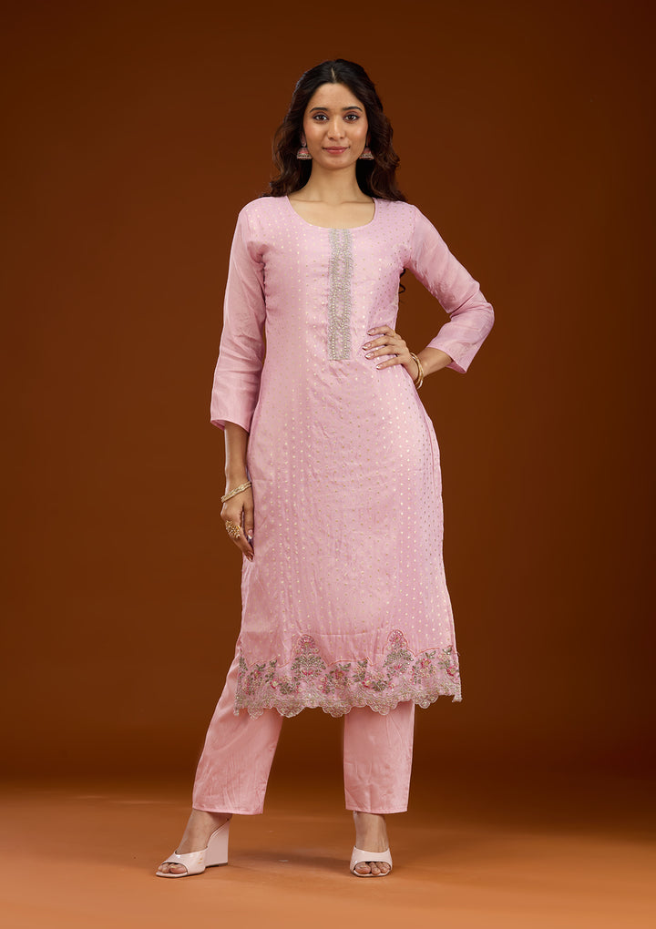 Baby Pink Threadwork Semi Crepe Readymade Salwar Suit