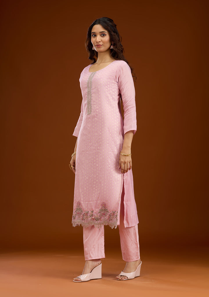 Baby Pink Threadwork Semi Crepe Readymade Salwar Suit