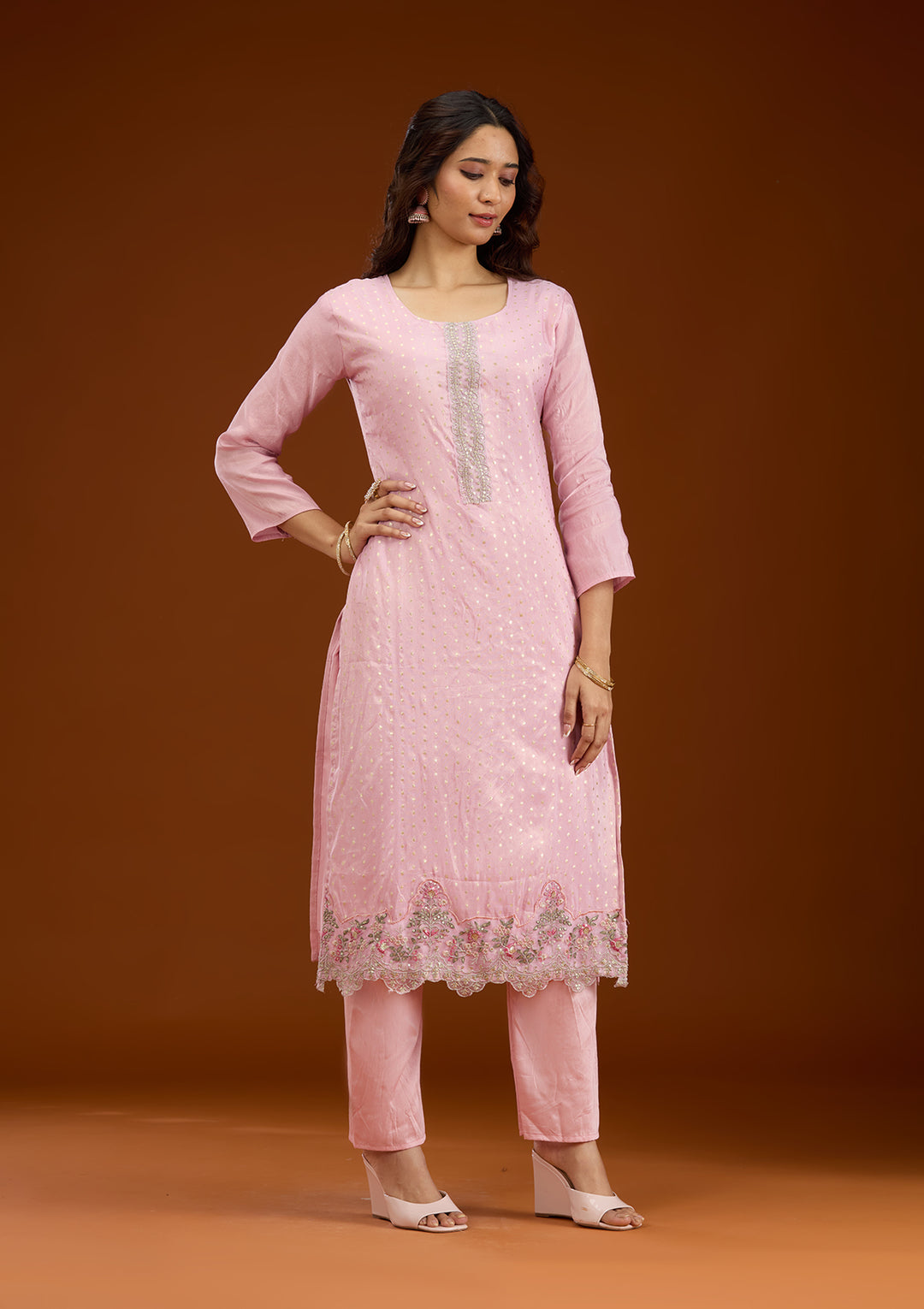 Baby Pink Threadwork Semi Crepe Readymade Salwar Suit