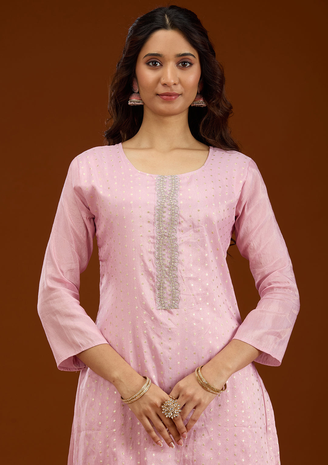 Baby Pink Threadwork Semi Crepe Readymade Salwar Suit