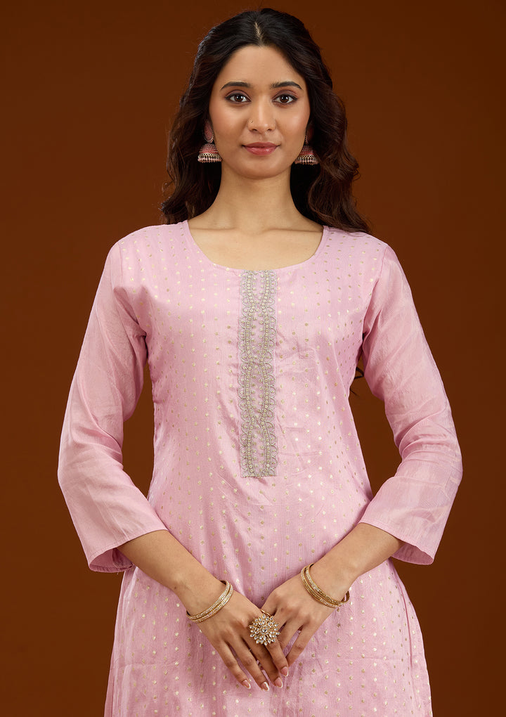 Baby Pink Threadwork Semi Crepe Readymade Salwar Suit