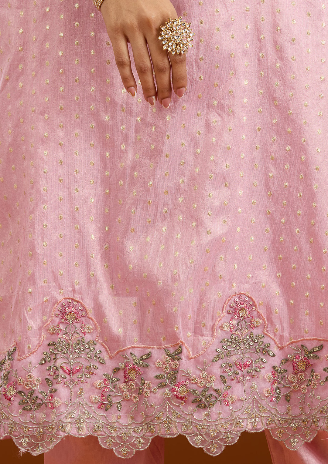 Baby Pink Threadwork Semi Crepe Readymade Salwar Suit