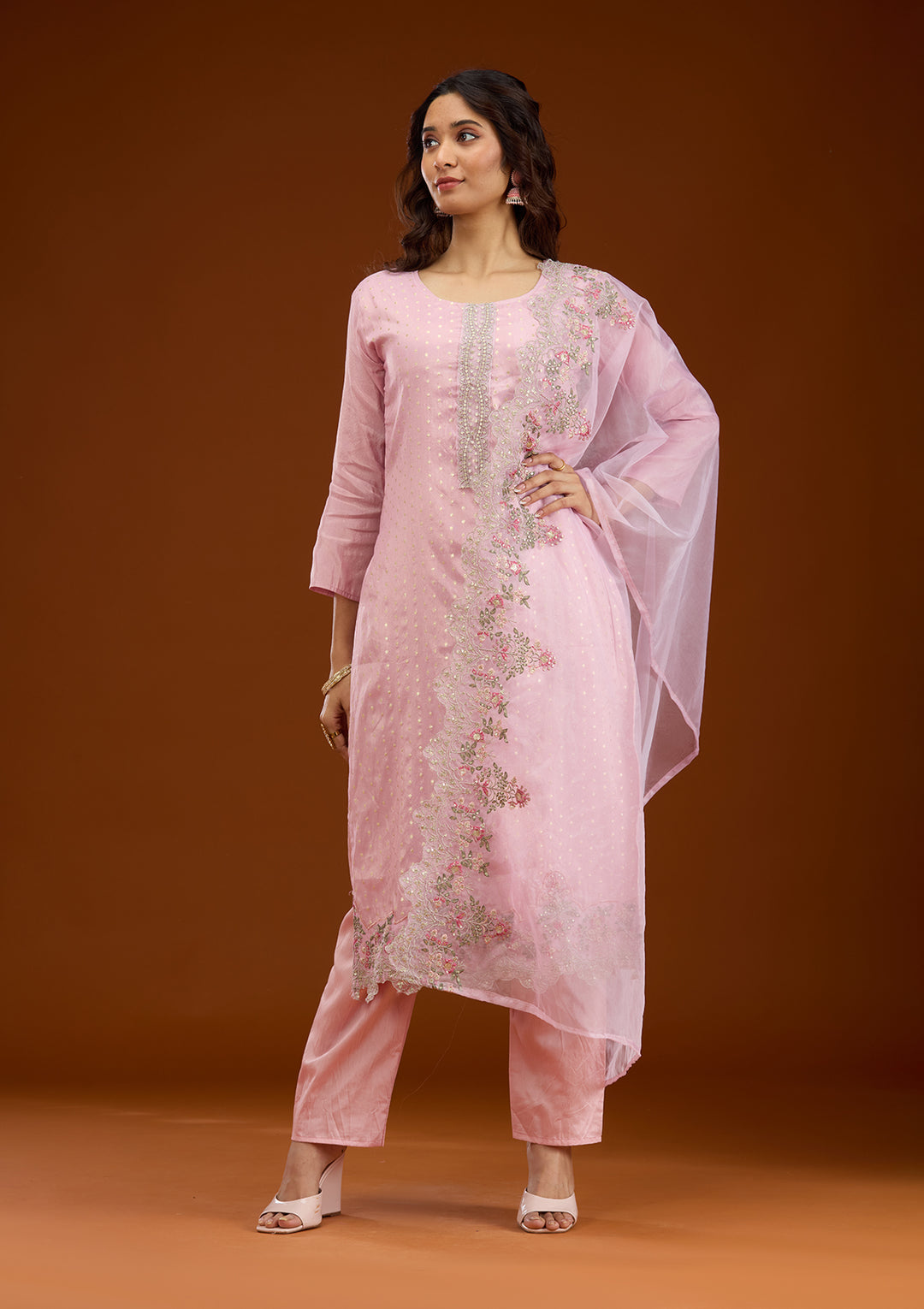 Baby Pink Threadwork Semi Crepe Readymade Salwar Suit