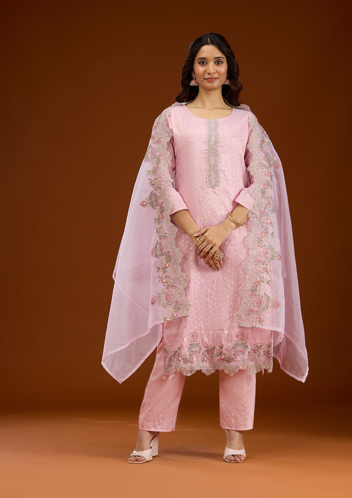 Baby Pink Threadwork Semi Crepe Readymade Salwar Suit