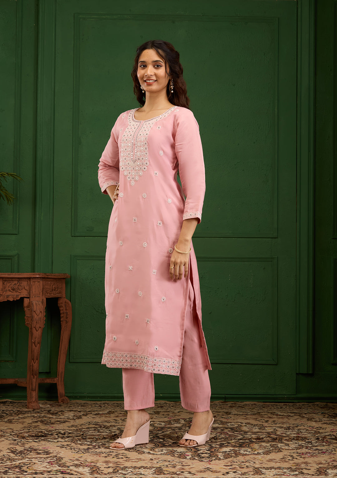 Baby Pink Threadwork Semi Crepe Readymade Salwar Suit