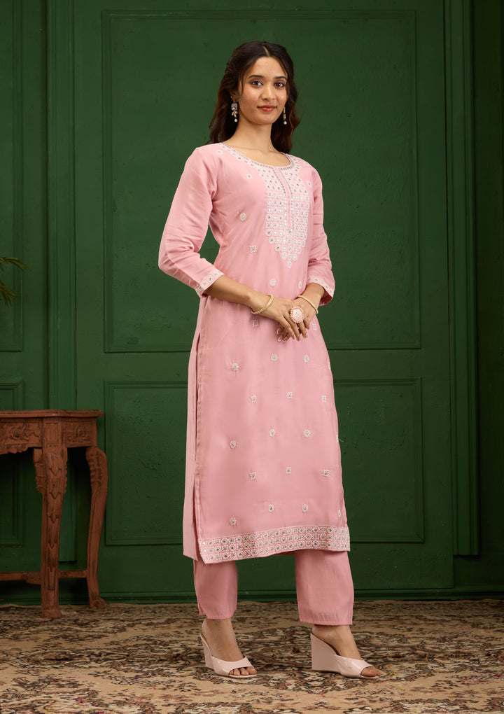 Baby Pink Threadwork Semi Crepe Readymade Salwar Suit