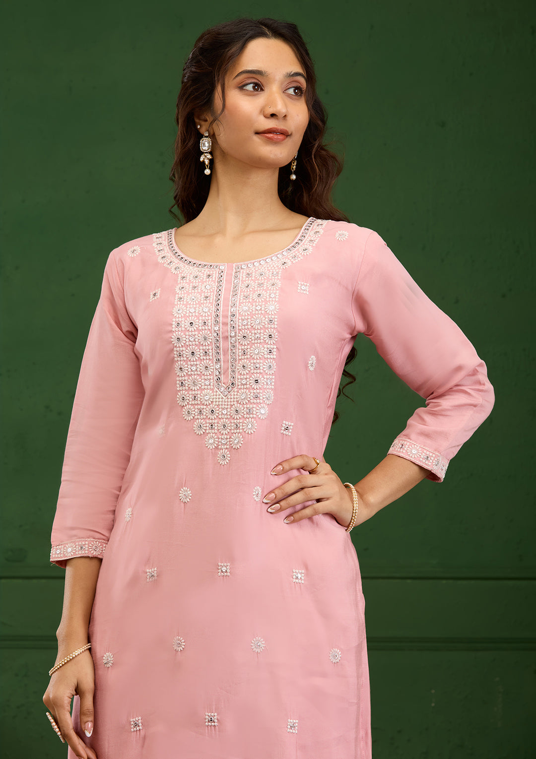 Baby Pink Threadwork Semi Crepe Readymade Salwar Suit