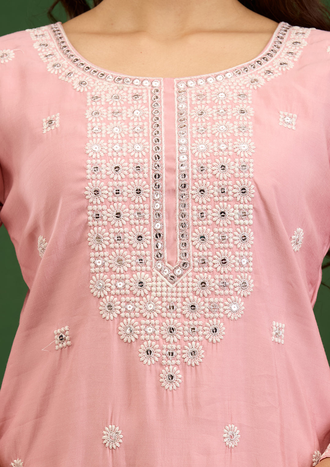 Baby Pink Threadwork Semi Crepe Readymade Salwar Suit