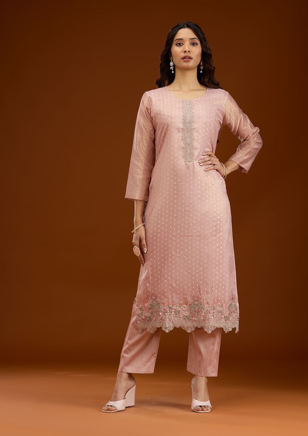 Baby Pink Threadwork Tissue Readymade Salwar Suit