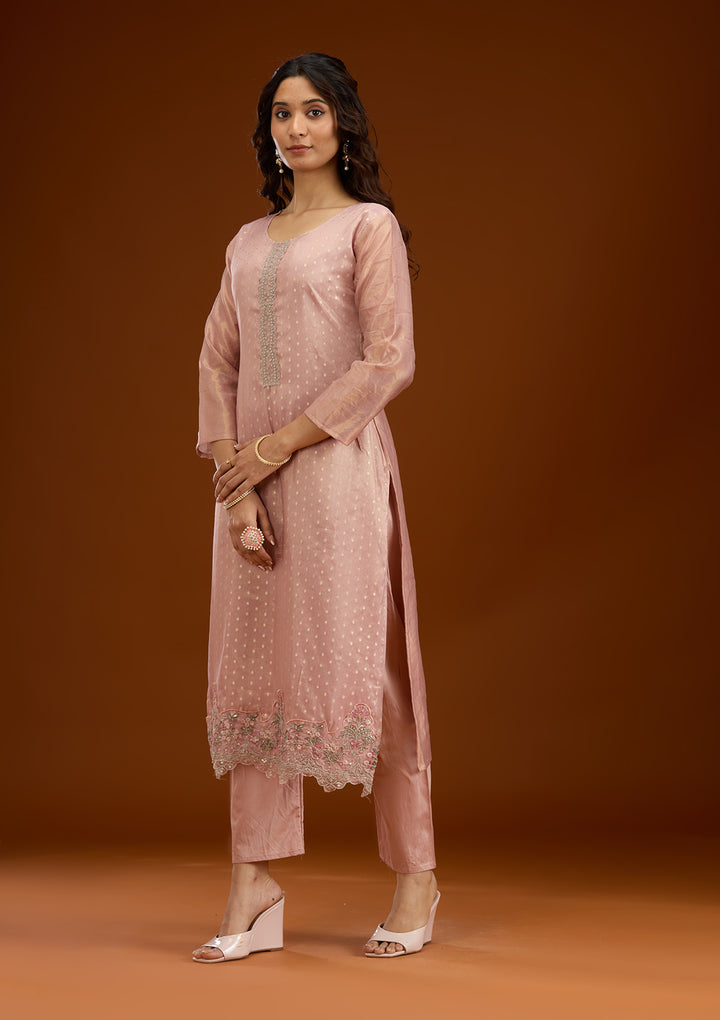 Baby Pink Threadwork Tissue Readymade Salwar Suit