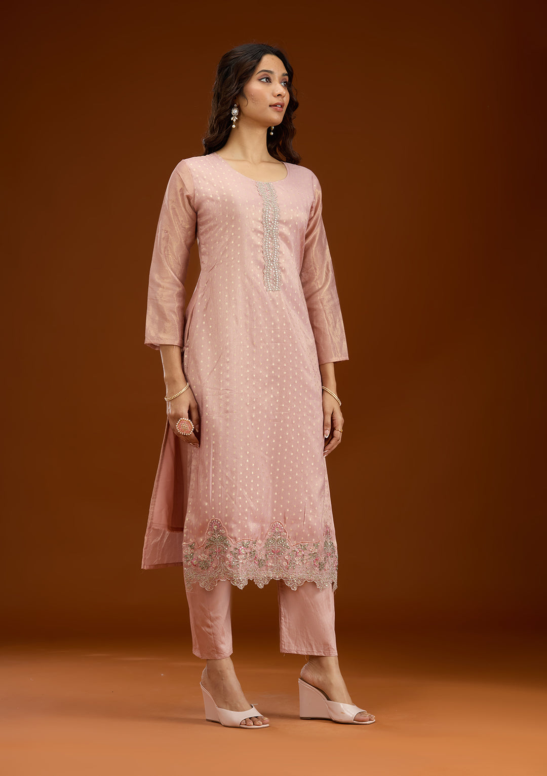Baby Pink Threadwork Tissue Readymade Salwar Suit