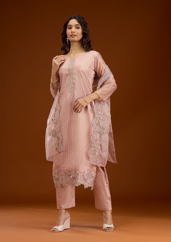 Baby Pink Threadwork Tissue Readymade Salwar Suit