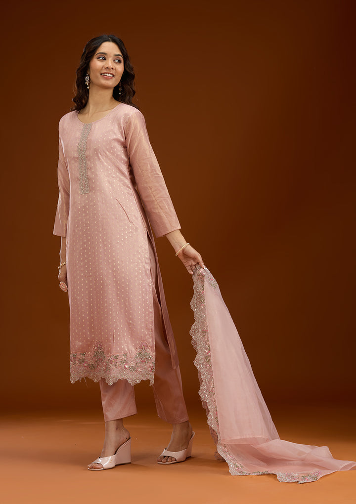 Baby Pink Threadwork Tissue Readymade Salwar Suit