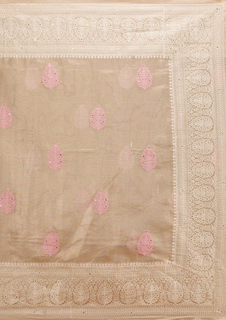 Baby Pink Tissue Threadwork Saree With Matching Blouse Piece