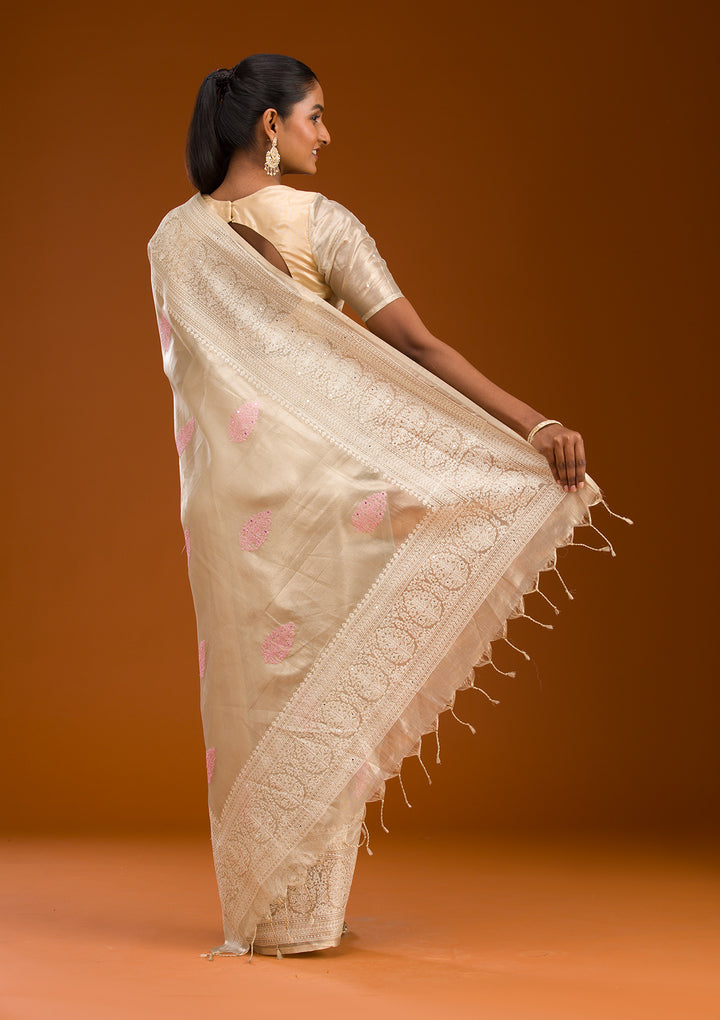 Baby Pink Tissue Threadwork Saree With Matching Blouse Piece