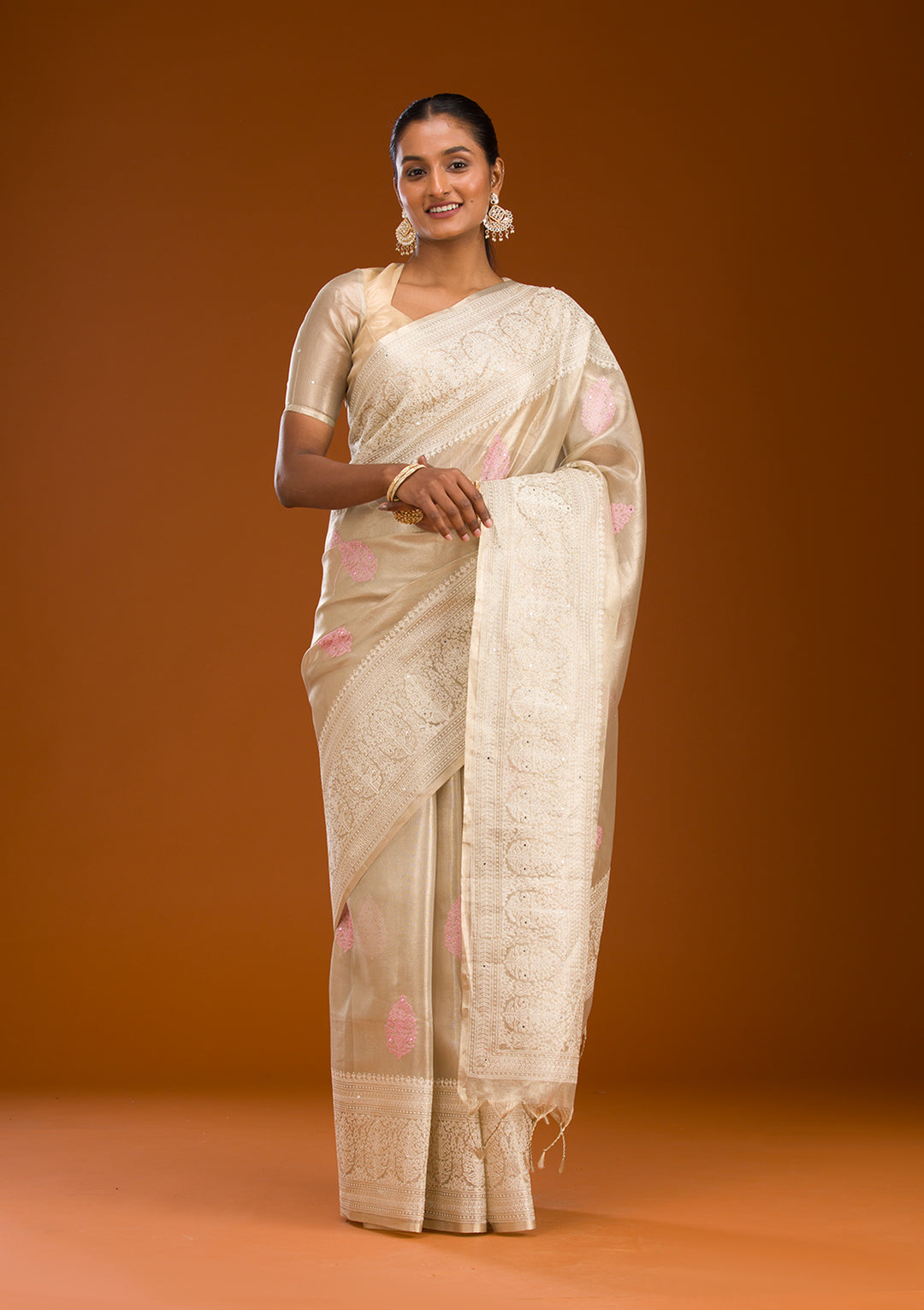 Baby Pink Tissue Threadwork Saree With Matching Blouse Piece