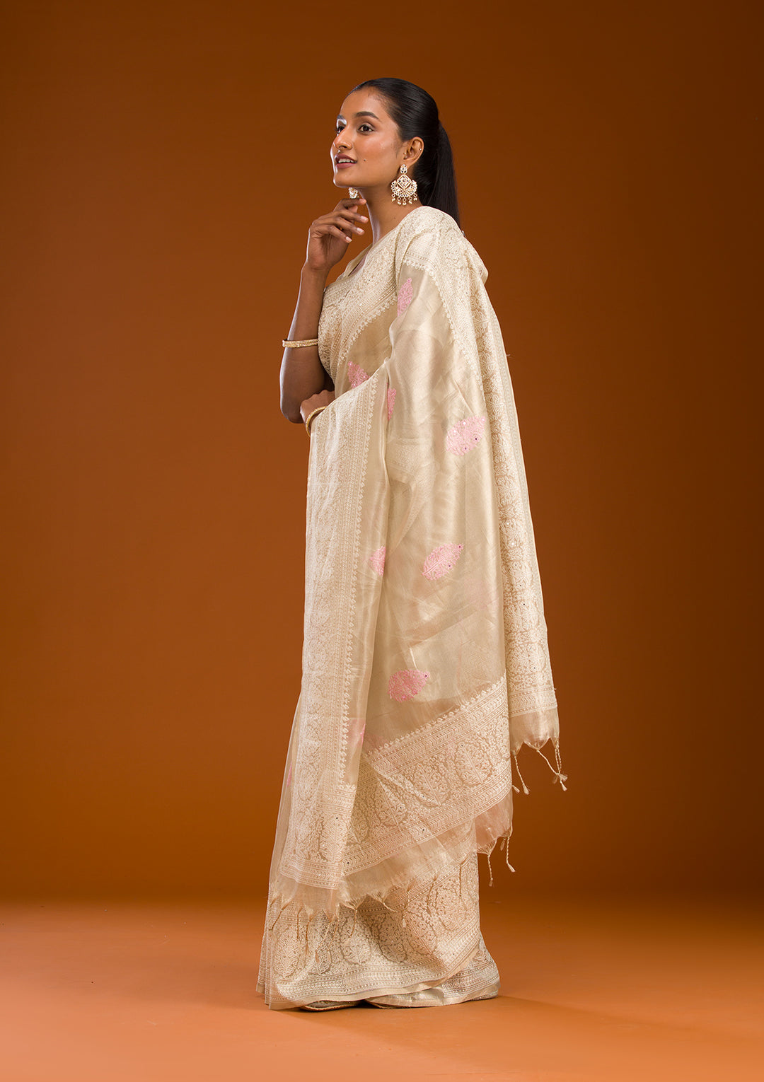 Baby Pink Tissue Threadwork Saree With Matching Blouse Piece