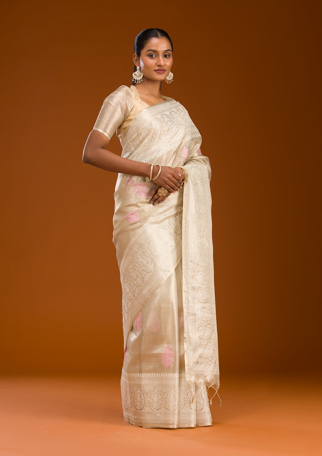 Baby Pink Tissue Threadwork Saree With Matching Blouse Piece