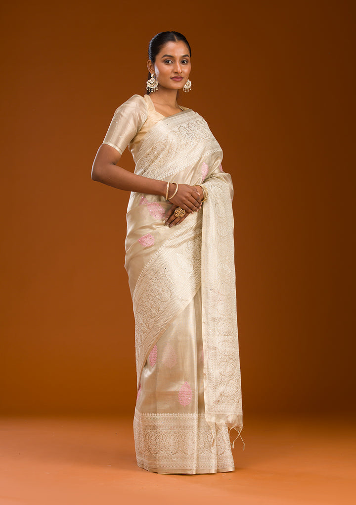 Baby Pink Tissue Threadwork Saree With Matching Blouse Piece