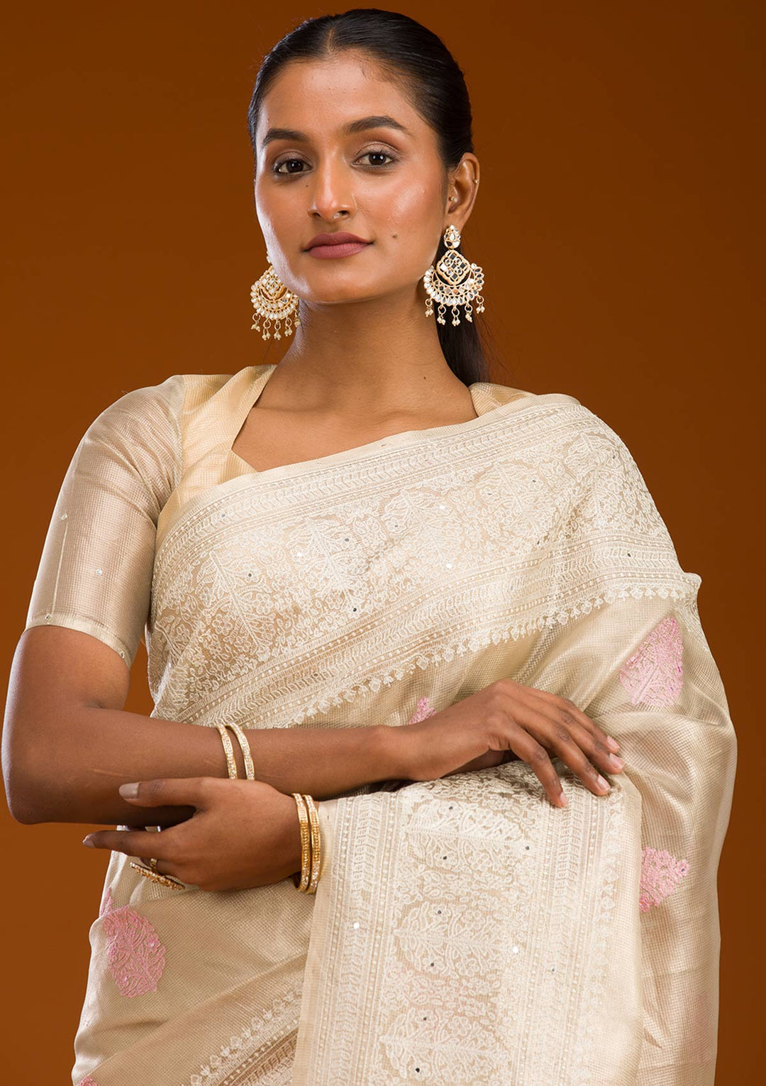 Baby Pink Tissue Threadwork Saree With Matching Blouse Piece