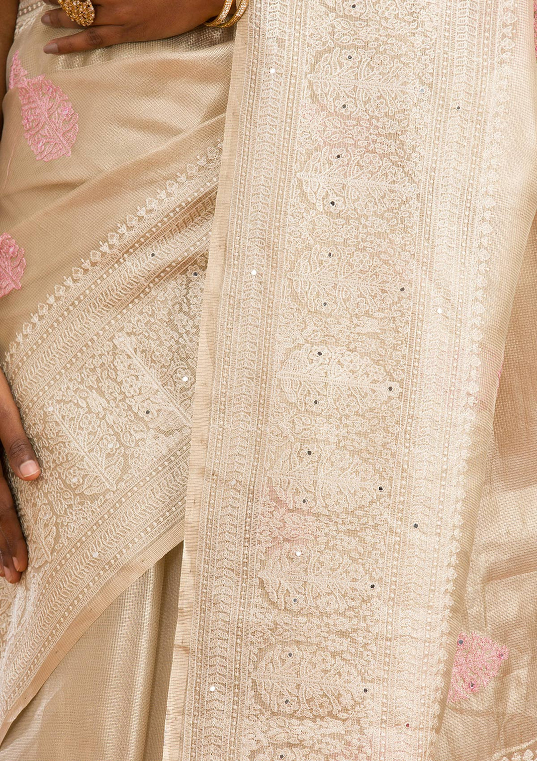 Baby Pink Tissue Threadwork Saree With Matching Blouse Piece
