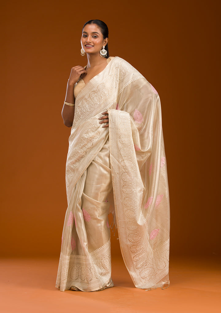 Baby Pink Tissue Threadwork Saree With Matching Blouse Piece