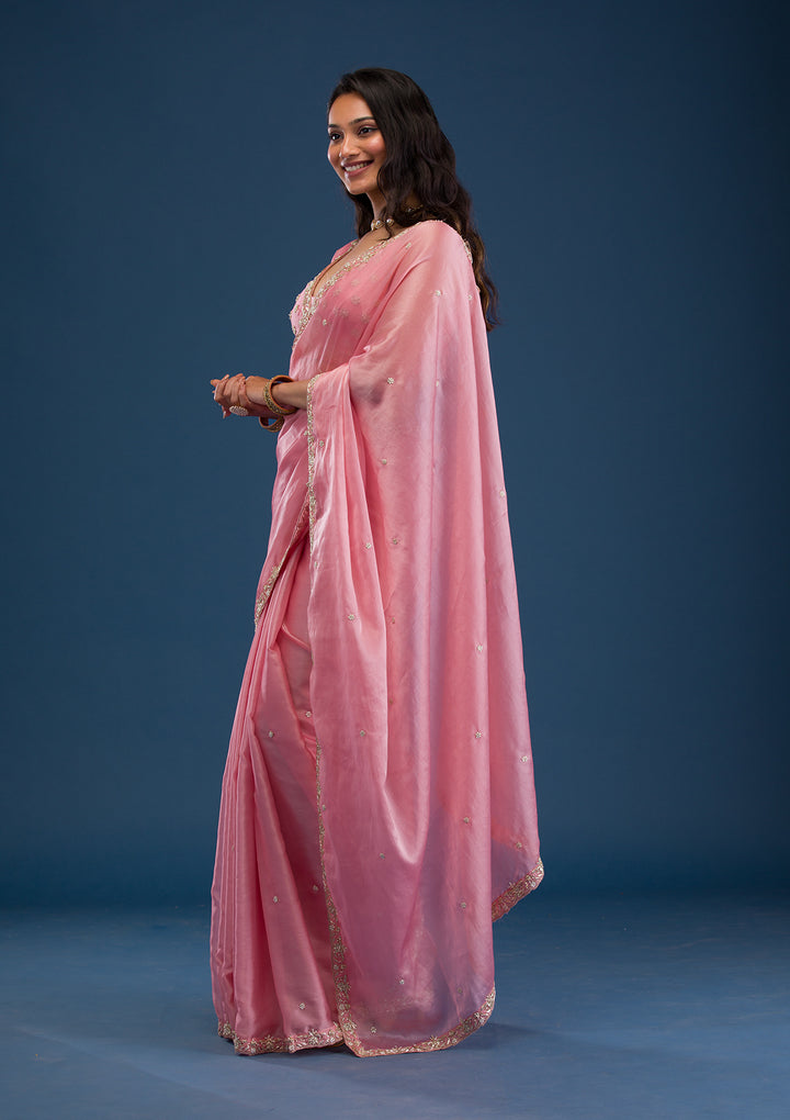 Baby Pink Pearlwork Tissue Saree
