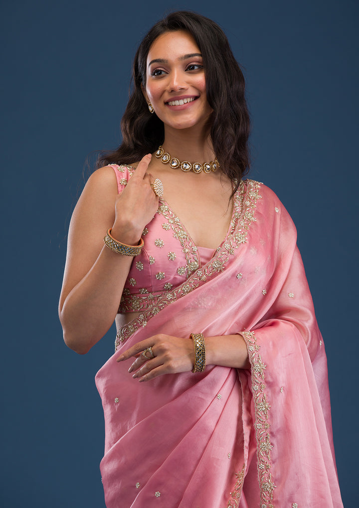 Baby Pink Pearlwork Tissue Saree