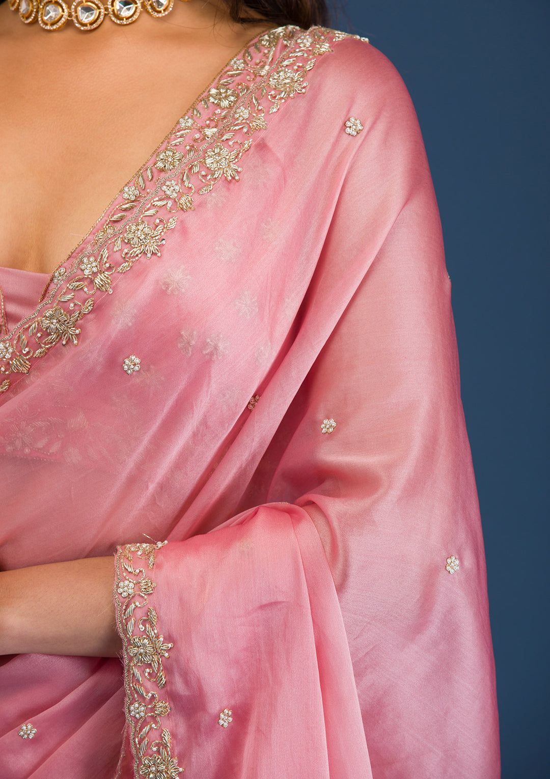 Baby Pink Pearlwork Tissue Saree