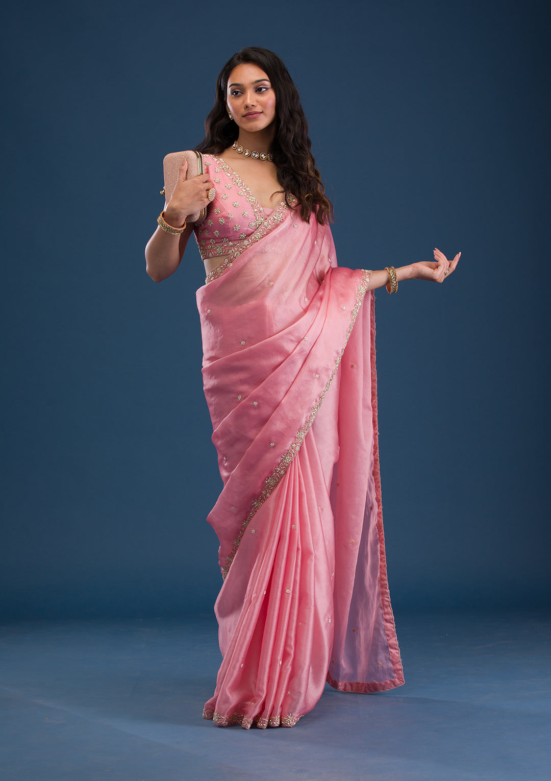 Baby Pink Pearlwork Tissue Saree