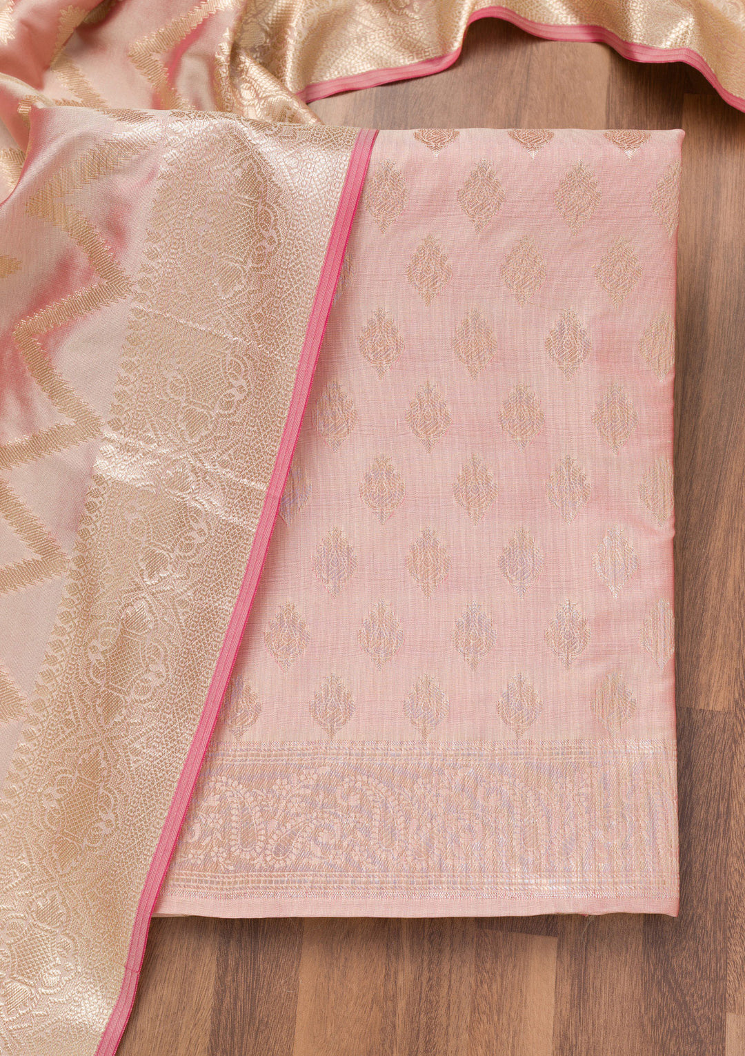 Beige Zariwork (Gold) Silk Unstitched Salwar Suit