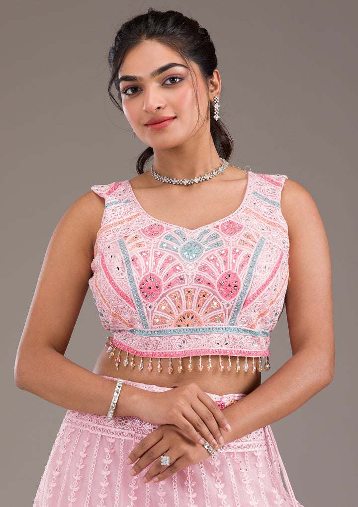 Baby Pink Silver Zariwork Net Readymade Lehenga